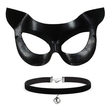 Imagem de DDazzling Máscara feminina de gato meia face, acessório para lembrancinhas de festa (colar + máscara de olho)