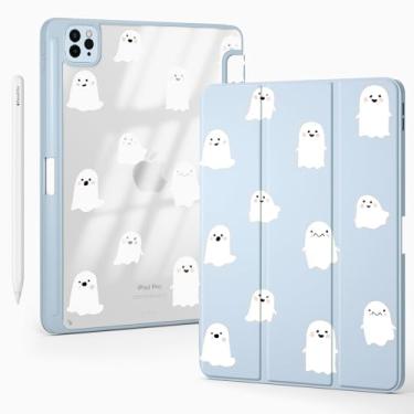 Imagem de BlHMCASE Capa fofa de fantasma de Halloween Kawaii para iPad Air de 13 polegadas M3 2025/M2 2024 com suporte para lápis, hibernar/despertar automático, capa traseira de acrílico transparente de couro