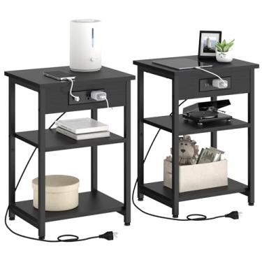 Imagem de Conjunto de 2 mesas de canto com portas USB de estação de carregamento, suporte de cabeceira alto de 3 níveis com prateleiras de armazenamento, mesa lateral estreita para toca-discos para espaço
