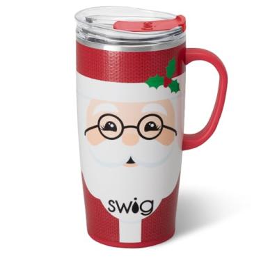 Imagem de Swig Life Caneca de viagem de 623 g, copo isolado com alça e tampa, caneca de café de viagem, compatível com porta-copos, copo de aço inoxidável de 623 g, reutilizável isolado com tampa (Sr. Claus)