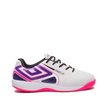 Imagem de Chuteira Futsal Infantil Umbro Pro 5 Jr Branco/Roxo, Branco, Rosa, 36