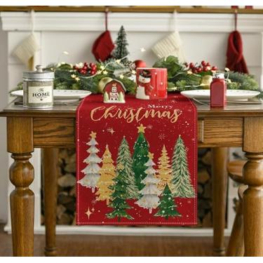 Imagem de Caminho de mesa de Natal com árvores de Natal, decoração de mesa de jantar de cozinha vermelha de inverno sazonal para decoração de festa em casa 33 x 182 cm