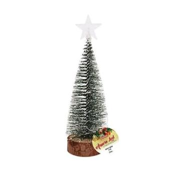 Imagem de Mini Árvore de Natal 20cm com Ponteira Estrela e Base de Madeira com efeito neve – Decoração Natalina para Mesa e Ambiente