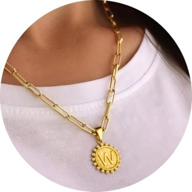 Imagem de Colar com pingente circular inicial A-Z, joia personalizada de aço inoxidável com bordas decorativas, adequado para mulheres, F, Aço inoxidável, Sem Pedra Preciosa