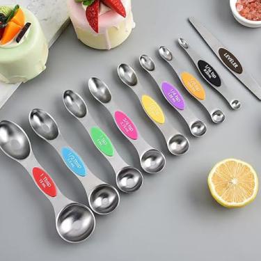 Imagem de Conjunto de 9 colheres de medição magnéticas de aço inoxidável com nivelador, colher de chá de metal dupla face e colheres de sopa, utensílios de cozinha para assar e cozinhar