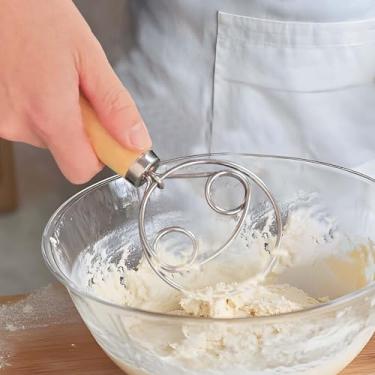 Imagem de Batedor de massa dinamarquês - Misturador de massa de aço inoxidável para fazer pão - Ferramenta de fabricação de pão resistente com madeira - Batedor holandês tradicional - para misturar massa, pizza