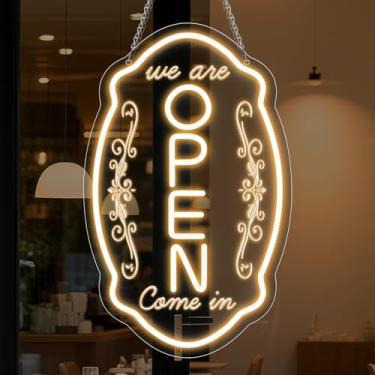 Imagem de Placa de LED neon aberta para negócios, 40 x 25 cm, sinal "We're Open", branco quente, luzes neon de brilho ajustável para festas, bar, salão, lojas, hotel, decoração de parede, clubes, hotéis