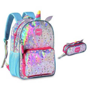 Imagem de MOCHILA E ESTOJO UNICÓRNIO HOLOGRÁFICO KIT ESCOLAR PRATEADO-Feminino
