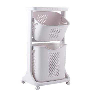 Imagem de Cesta de armazenamento de roupas de 2 camadas/3 camadas, cesto de roupa suja com roda universal, organizador de armazenamento de roupas para lavagem, carrinho de rodinhas com polias para banheiro