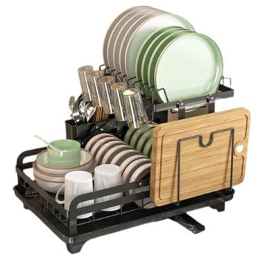 Imagem de BSNANCA Escorredor de louça dobrável, escorredor de pratos de 2 camadas para balcão de cozinha, coadores de pratos grandes resistentes à ferrugem com suporte de utensílios e conjunto de drenagem, B (B