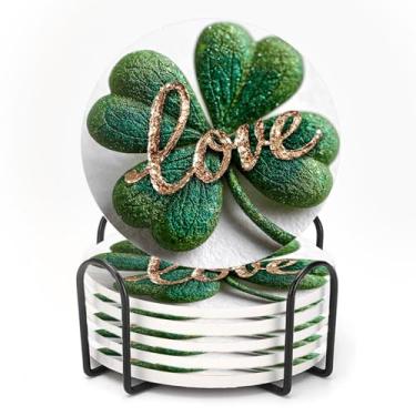 Imagem de ubcindy Conjunto de 6 porta-copos de Dia de São Patrício para bebidas, porta-copos redondos de cerâmica absorvente com suporte de metal e base de cortiça, trevo de quatro folhas da sorte com