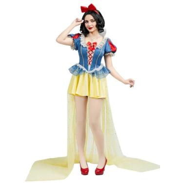 Imagem de Cosplay.fm Fantasia feminina de princesa branca clássica de luxo vestido de conto de fadas com saia de tule para Halloween adulto (azul, M)