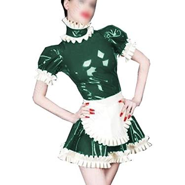 Imagem de Vestido vintage plus size, manga curta, retrô, cosplay, festa, empregada, minivestido plissado com avental, verde escuro, 2GG