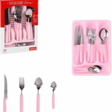Imagem de Conjunto de Talheres 25 Peças com Porta Talher, Aço Inoxidável, Cabos Rosa em Polipropileno, Inclui Facas, Garfos e Colheres