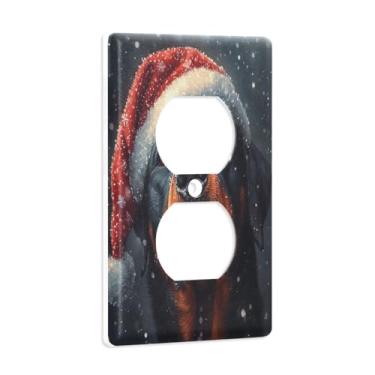Imagem de Blueangle Placa de parede Rottweiler em um chapéu de Natal com tomadas duplex, tamanho padrão, placas de cobertura de tomada elétrica de 1 gangue para decoração de quarto de escritório em casa, 4,53 x