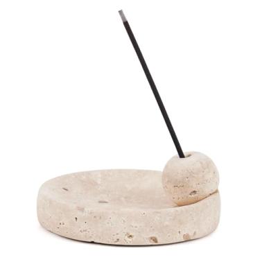Imagem de Elysian Marble Placa de suporte de incenso, queimador de pedra decorativa de travertino feito à mão para palitos de incenso, palo santo e sálvia, acessórios de meditação de luxo e decoração de casa