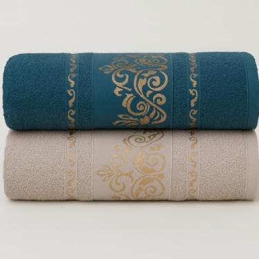 Imagem de Jogo de Toalha de Banho Conjunto de Duas PeçAs 100% AlgodãO Puro Excelente AbsorçãO de áGua Adequado para uso No Banheiro em Viagens Na NataçãO ou Na Academia(Kit 2Toalhas–Bege&Verde)