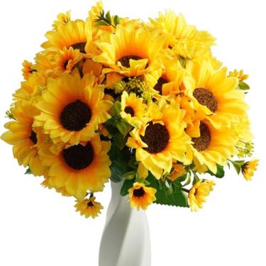 Imagem de Bairdish 4 pacotes de flores artificiais de girassóis, flores falsas de girassol de seda para buquê faça você mesmo, arranjos florais falsos para suporte de plantas, mesa de centro de mesa de centro
