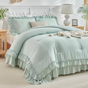 Imagem de Flysheep Conjunto de edredom solteiro com babados, verde sálvia, 3 peças, vintage, estilo fazenda, chique, cor sólida, leve, macio e fofo (1 edredom com babados + 2 fronhas)