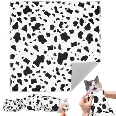 Imagem de Galaton Envoltório de cuidados para gatos de 70 cm para cortar unhas, envoltório de tecido autoadesivo com padrão de vaca para gatos, ferramenta multifuncional antiarranhões para escovar os dentes