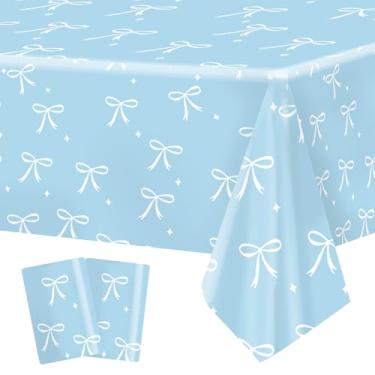Imagem de Semato 2 peças de toalhas de mesa para festas, decorações de festa, toalha de mesa com laço azul, 137 x 272 cm, toalha de mesa descartável para artigos de festa com tema de arco de aniversário
