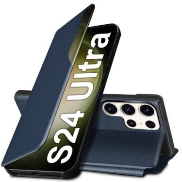 Imagem de Capa S24 Ultra Flip para Samsung Galaxy S24 Ultra 5G, capa de couro slim fit transparente para Samsung S24 Ultra capa de telefone com suporte, resistente, resistente à prova de choque (azul)