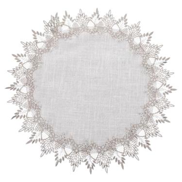 Imagem de DOPENSPI Tapete redondo de linho de 61 cm, lenço de linho cinza, redondo, neutro, cinza terra, com borda de renda, jogo americano vintage para decoração de mesa de café e jantar