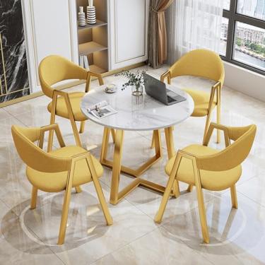 Imagem de Conjunto de mesa de negociação para sala de conferências, mesa redonda de recepção de escritório e conjunto de cadeira de sala de estar, mesa redonda de ardósia PU/algodão e linho conjunto de 5 peças