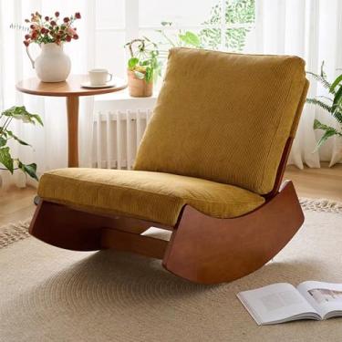 Imagem de Cadeira de balanço de tecido, balanço planador de meados do século com assento acolchoado, base de madeira, cadeira de balanço estofada, para pátio, quintal, varanda, pórtico (amarelo)