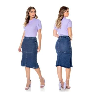Imagem de Saia Evasê Jeans TAM 38 - Mulher Morena