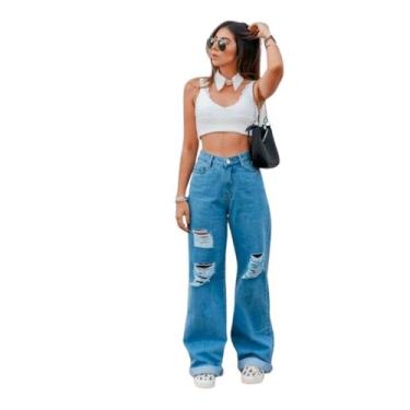 Imagem de Calça Wide Led Jeans Destroyed  Onze Denim Clara Feminina, Azul, Femin