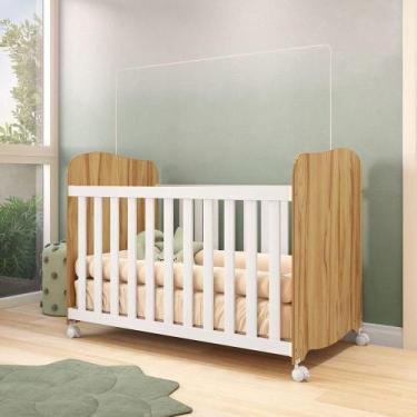 Imagem de Berço Americano 100% MDF com rodízios Mimo Branco Brilho/Amêndoa - Móv