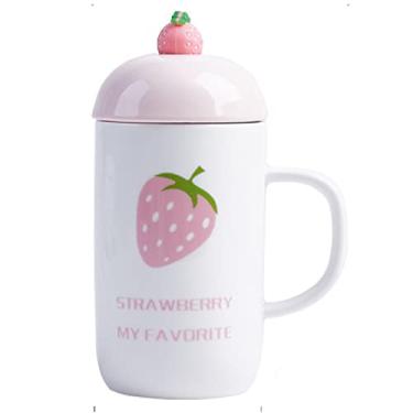 Imagem de seelucky Caneca de morango rosa com tampa de colher copo de leite de desenho animado infantil copo de café de cerâmica estilo nórdico xícara de chá presente escritório casa (morango grande, 450 ml)