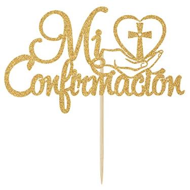 Imagem de Gold Glitter Mi Confirmacion Cake Topper, First Holy Communion/Gold Bless This Child, Baby Shower Bridal Shower Batismo Christening Party Decorações Suprimentos