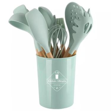 Imagem de Kit Utensílios de silicone cozinha 12 peças cabo de madeira (Verde)