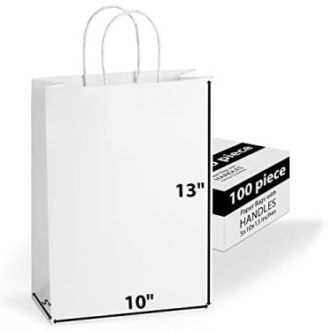 Imagem de Bolsas de papel Kraft para presente em massa com alças [ideal para compras, embalagem, varejo, festa, artesanato, presentes, casamento, reciclado, negócios, mercadorias e bolsa de mercado] (100 unidades), Branco, 10x5x13