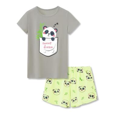 Imagem de Tebbis Pijama feminino de algodão confortável pijama listrado verão curto tamanho 6-16, Panda cinza, 8