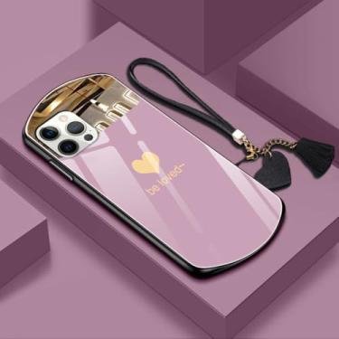 Imagem de Capa de telefone luxuosa fofa oval em forma de coração de vidro temperado para iPhone 15 14 13 12 11 Pro Max XS X SE 8 7 Plus Capa de cordão espelhada, rosa, para iphone XR