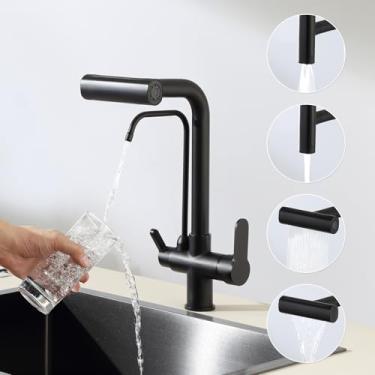 Imagem de KINKIB Torneira de cozinha 3 em 1 com torneira de água potável, torneira de cozinha com torneira de filtro de água, torneira de cozinha de arco alto de furo único de alça dupla com pulverizador de 4