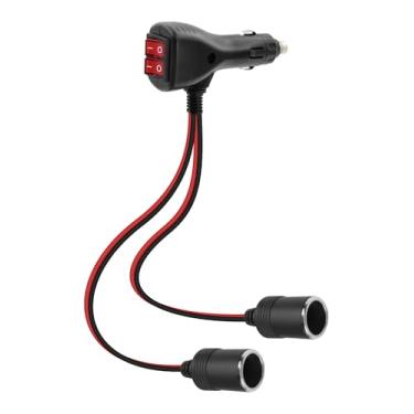 Imagem de RIIEYOCA Adaptador divisor de isqueiro de 12V 24V, isqueiro de carro 10A, 1 macho para 2 soquetes fêmeas, cabo de alimentação divisor Y com dois interruptores independentes liga/desliga cabo de