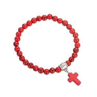 Imagem de Softones Pulseira feminina com pingente de cruz de 6 mm com pedra de cura elástica para oração, com caixa de presente, 7.5 inch, Liga metálica, Pedra de lava
