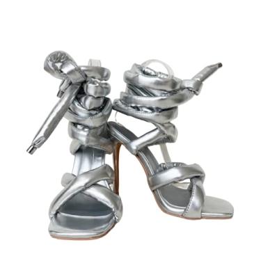 Imagem de Frankie Hsu Sandália feminina de luxo com cadarço na perna no tornozelo, corrente de elos dourados, tiras de PVC transparente, bico redondo, salto alto, Prata, 34