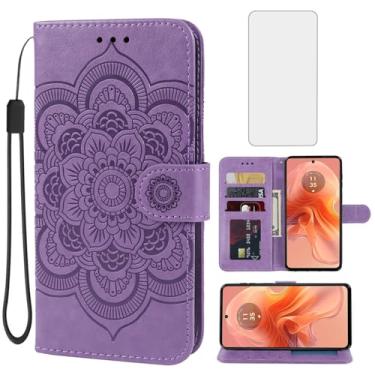 Imagem de Bohefo Capa para Moto G24/Moto G04/Moto E14/Moto G04S XT2423 Capa carteira com protetor de tela de vidro temperado, capa de telefone de couro mandala flip suporte para cartão de crédito para Motorola