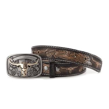 Imagem de Cinto Country Masculino Estampado Couro Fivela Boi com Fivela Grande -