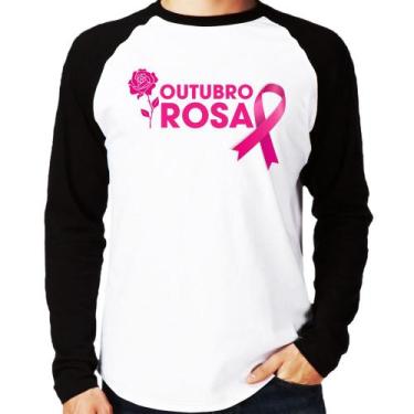 Imagem de Camiseta Raglan Outubro Rosa Manga Longa - Foca na Moda, Branco, Preto