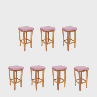 Imagem de Kit 07 Banqueta Alta Ben Gourmet Balcão Bistrô Cozinha Base Madeira Maciça Corino Rosa Bebê - Ahz Móveis
