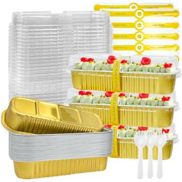 Imagem de ylnurac Pacote com 200 mini formas de bolo douradas, mini formas de pão descartáveis com tampas, colheres e adesivos, formas de folha de alumínio de 200 ml, recipientes individuais de copos de