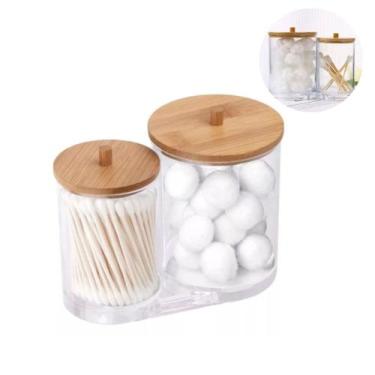 Imagem de Porta Cotonete Algodão Duplo Com Tampa Bambu Acrilico - JN ECOMERCE LT