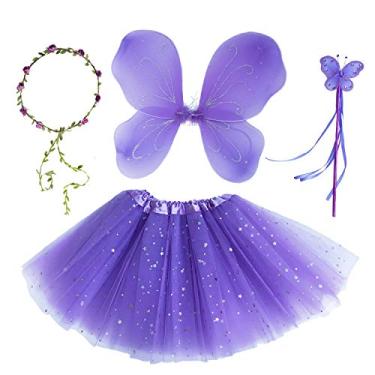 Imagem de Conjunto de 4 peças de fantasia de asas de fada para fantasia de tutu e varinha para lembrancinhas de festa de