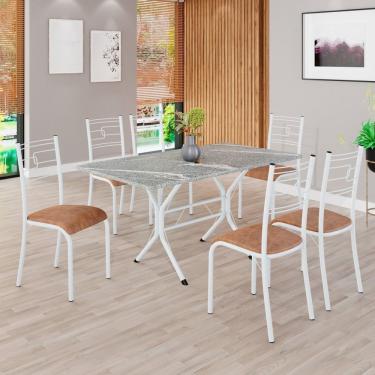 Imagem de Conjunto Sala De Jantar Mesa Retangular 140x75cm Tampo Granito Topázio 6 Cadeiras Paraty C. Marrom - Branco